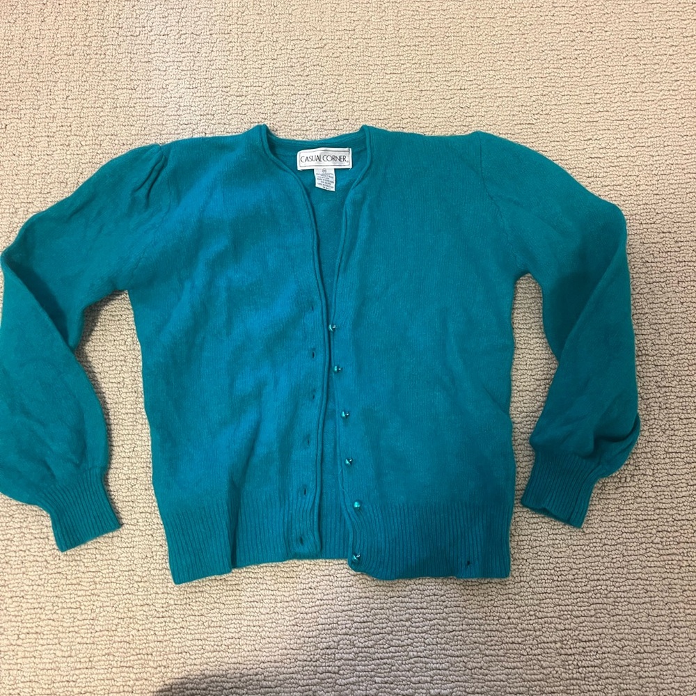 Wool and rabbit fur Casual Corner Teal Cardigan Sweater